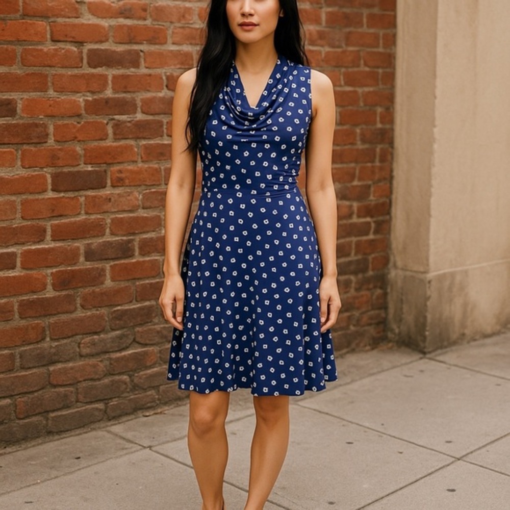 Lauren Ralph Lauren Navy Blue Sleeveless Midi Dress with White Dot Print